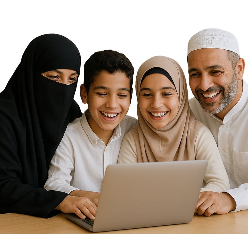muslim family looking and smiling at laptop 